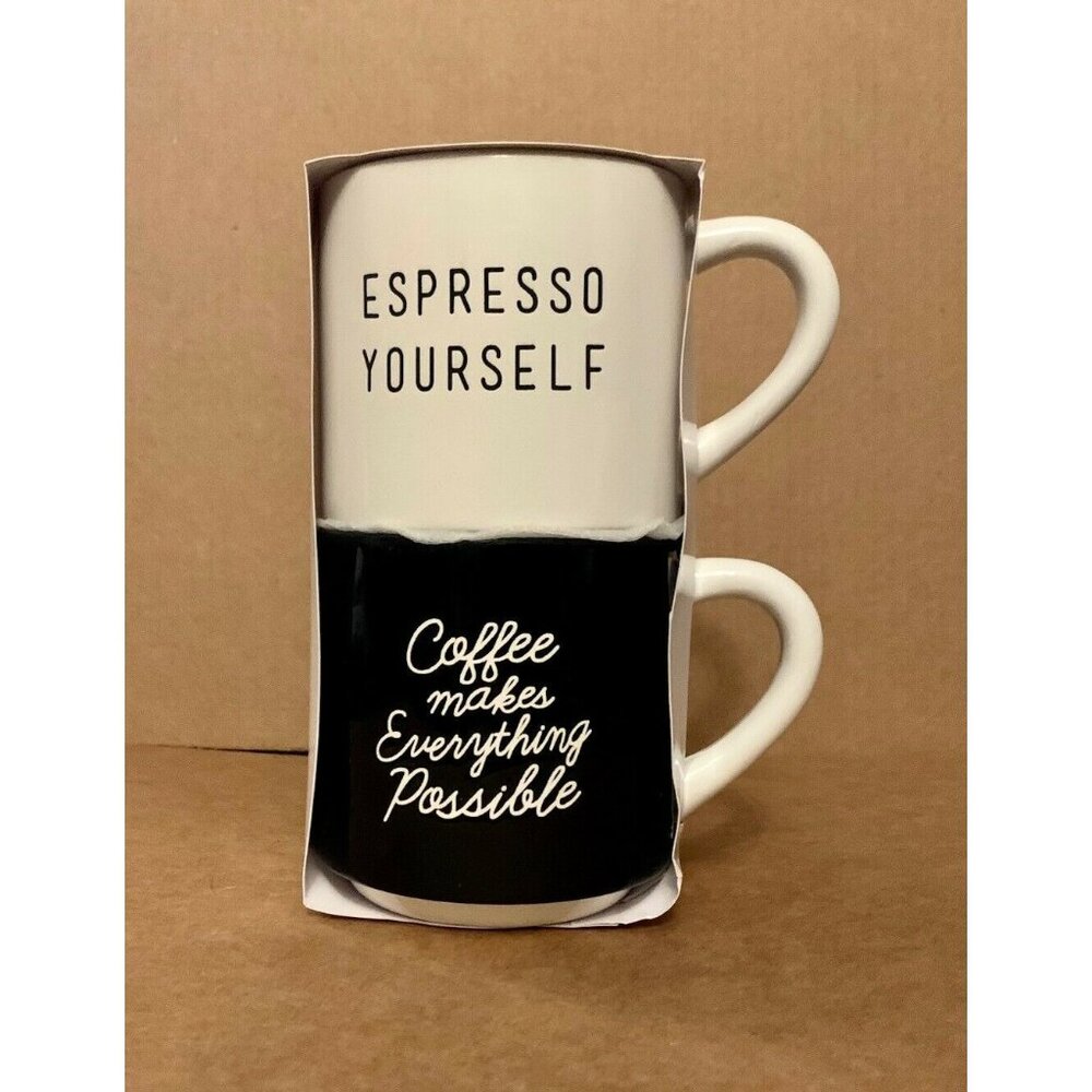 (2) Stackable Coffee Mugs - Black & White Expresso Yourself Earthenware Mugs
